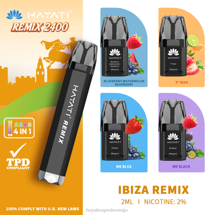Hayati vape liquid - Hayati Remix sistem vnaprej napolnjenih kapsul 2400 vdihov ibiza remix NNNF55