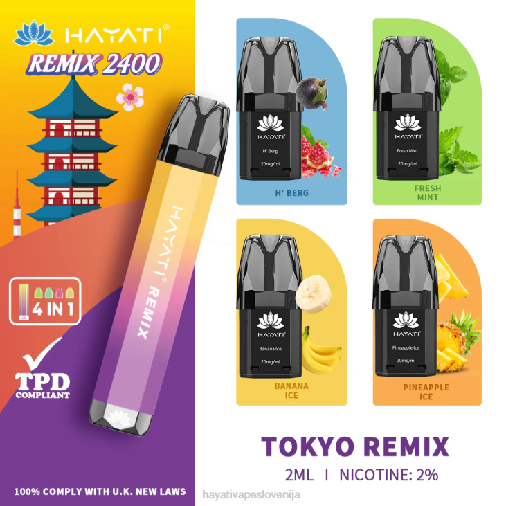 Hayati vape review - Hayati Remix sistem vnaprej napolnjenih kapsul 2400 vdihov tokyo remix NNNF58