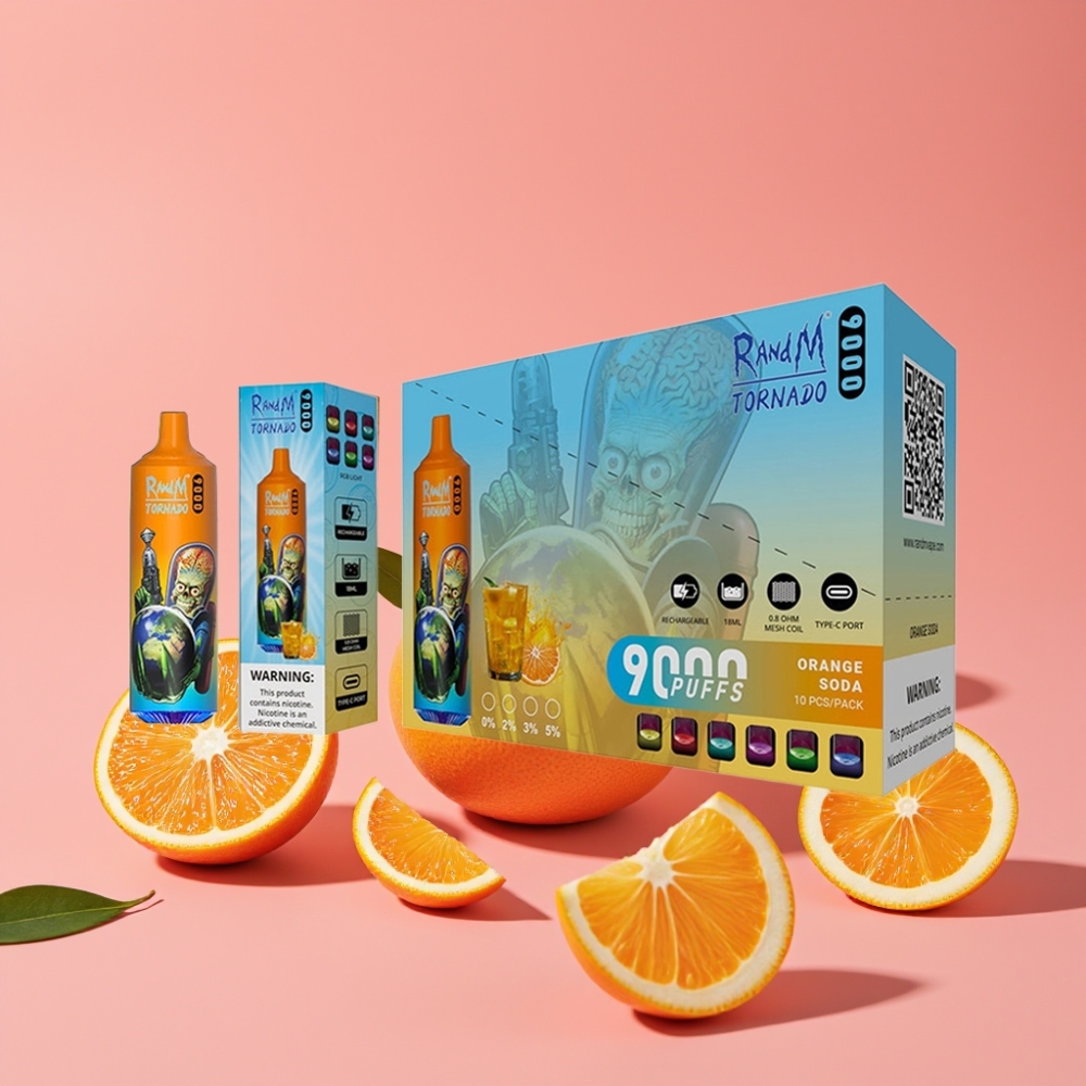 RandM Tornado 9000 Puffov, Oranžna Soda, 18 mL, Mesh Coil, RGB Display