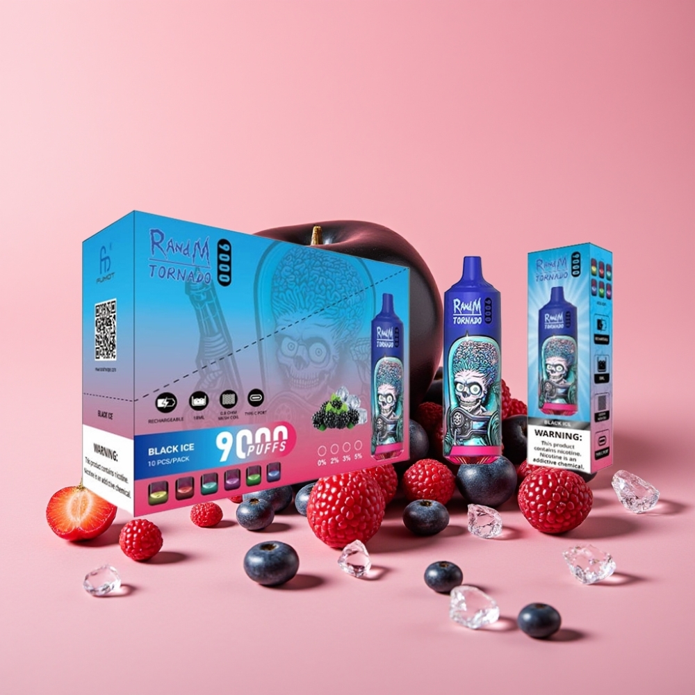 RandM Tornado 9000 Puffs Črni led, 850 mAh, 18 mL, Mesh Coil, RGB Display