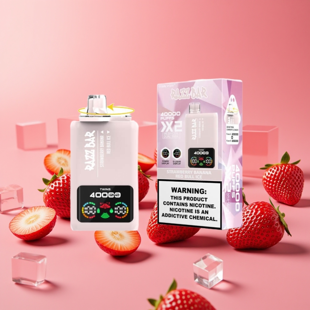 Razz Bar 40000 Puffs Disposable Vape JAGODA BANANA & RED BULL LED 650mAh 2×1.0Ω