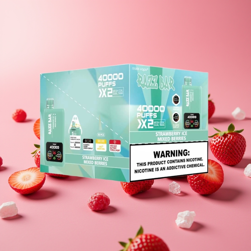 Razz Bar 40000 Puffs Disposable Vape JAGODNI LED & MEŠANO JAGODJE, 1.0Ω×2, 650mAh, 5%