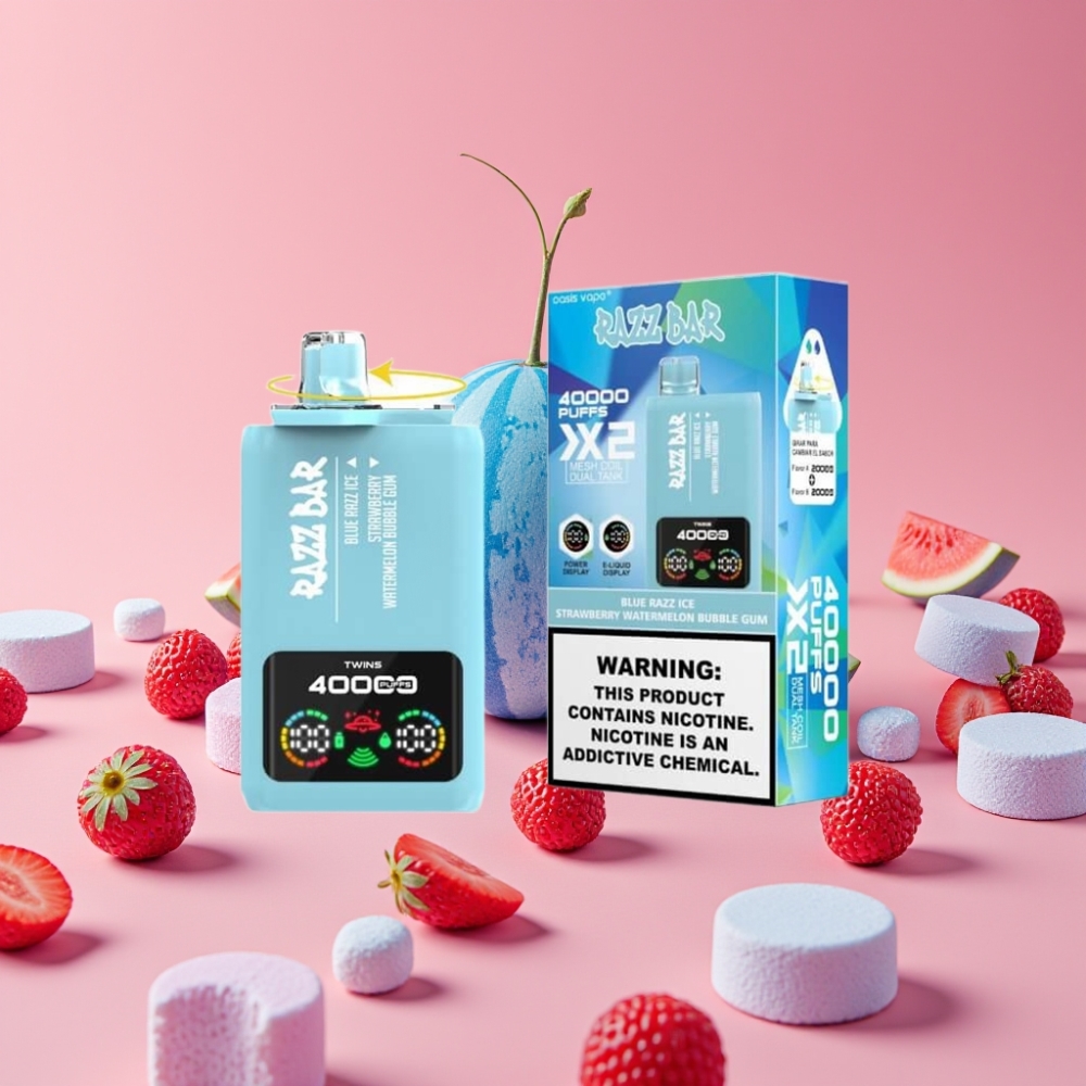 Razz Bar 40000 Puffs Disposable Vape MODRA MALINA LED-STROBERJINA LUBENICA MEHURČKI GUMI, 1.0Ω×2, 650mAh, 2%/5%