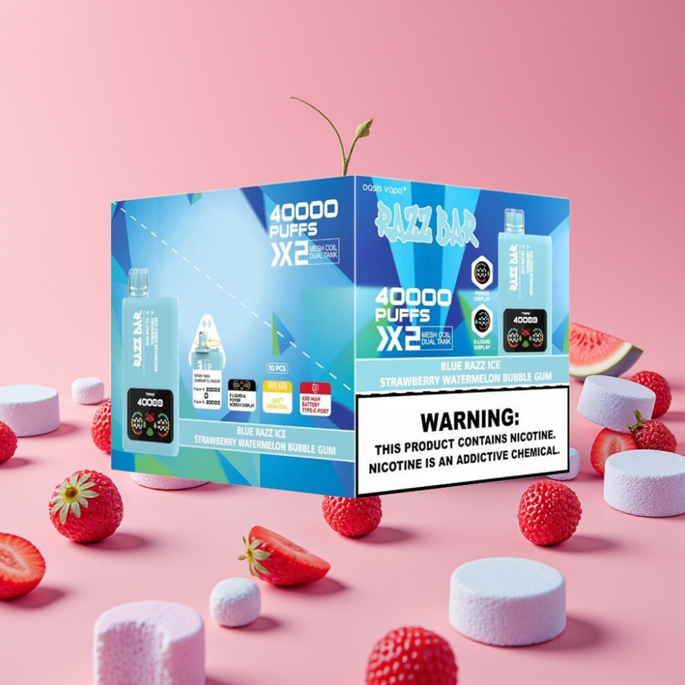 Razz Bar 40000 Puffs Disposable Vape MODRA MALINA LED-STROBERJINA LUBENICA MEHURČKI GUMI, 1.0Ω×2, 650mAh, 2%/5%