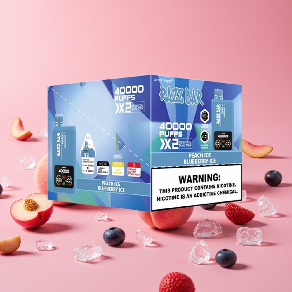 Razz Bar 40000 Puffs Enkratna e-cigareta PEACH ICE & BLUEBERRY ICE 1.0Ω×2 Mesh Coil 650mAh
