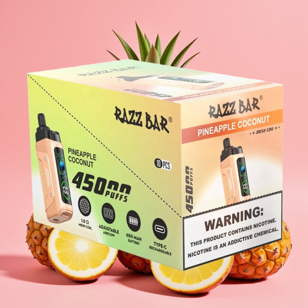 Razz Bar 45000 Puffs Disposable Vape Ananas Kokos 1.0 Ohm, Nastavljiv Pretok Zraka, 650 Mah