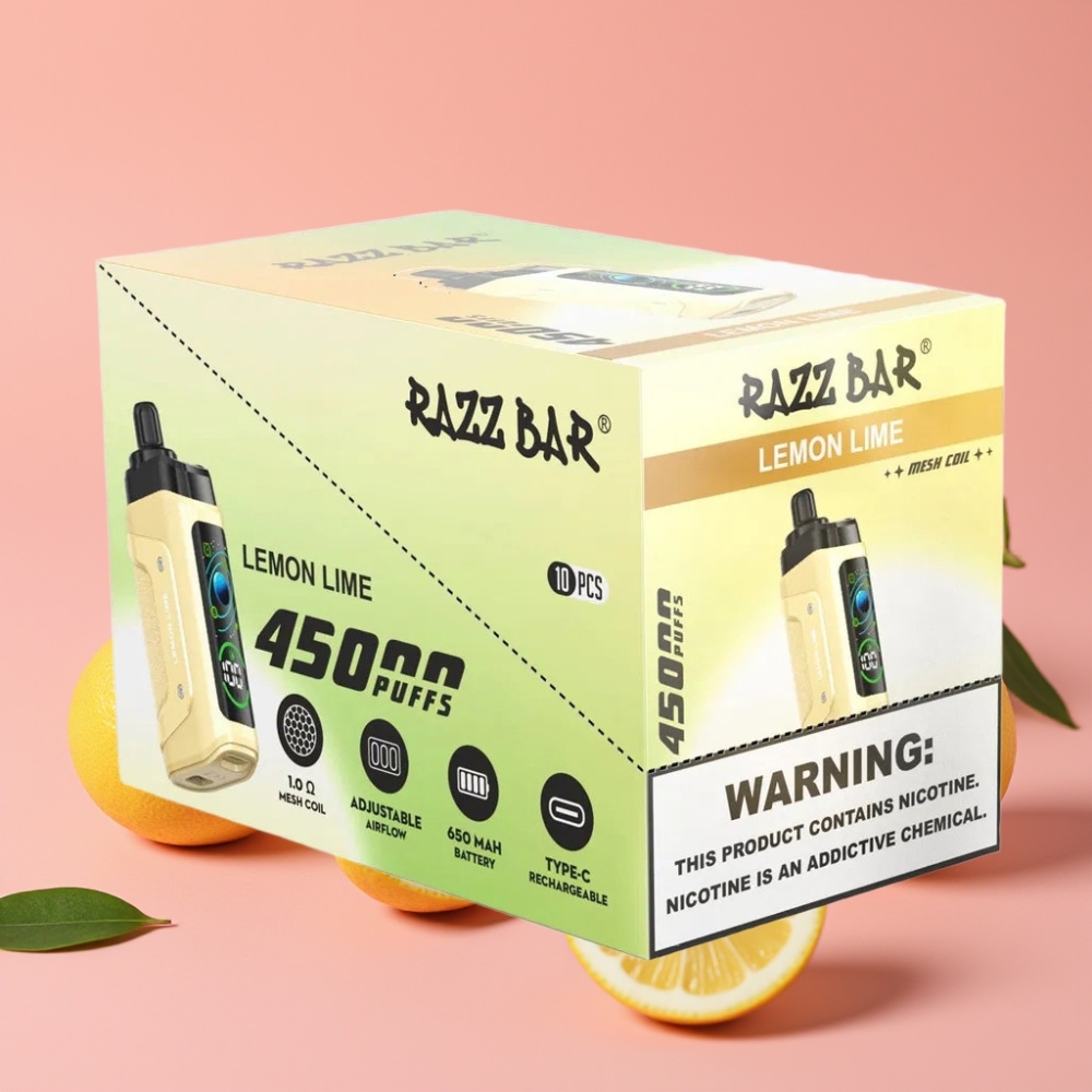 Razz Bar 45000 Puffs Disposable Vape Limeta in Citrona, 1.0 Ohm Mesh, Nastavljiv Pretok Zraka, 650 mAh