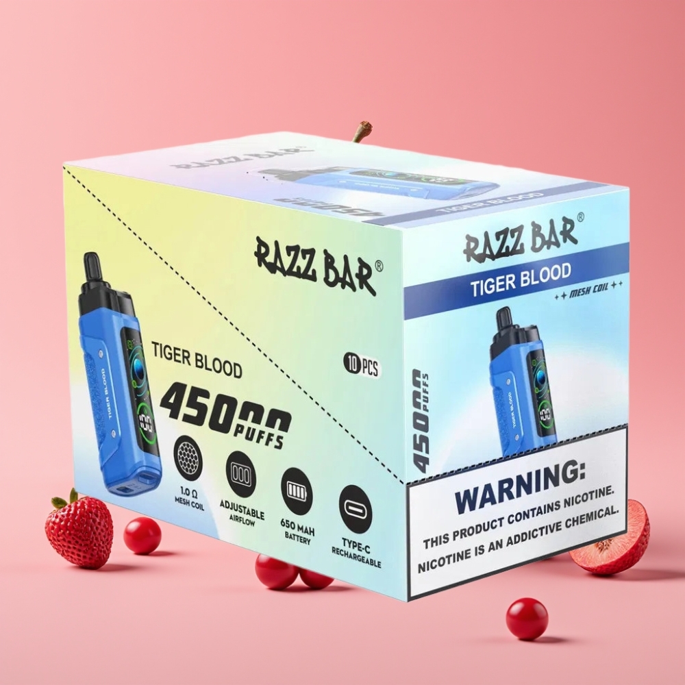 Razz Bar 45000 Puffs Disposable Vape Tiger Blood (Tigrova kri) 1.0 Ohm Mesh Coil, 650 mAh