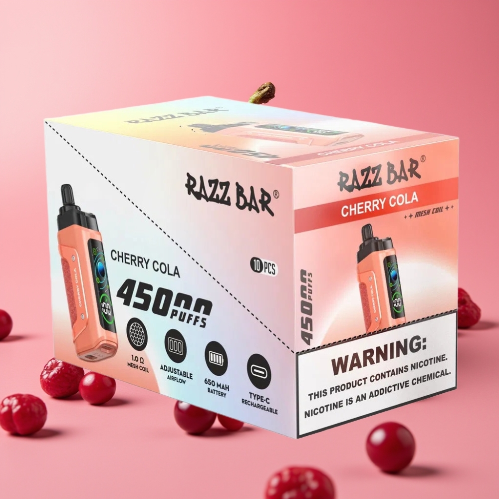 Razz Bar 45000 Puffs Disposable Vape Češnjeva Kola, 1.0 Ohm, Nastavljiv Pretok Zraka, 650 mAh