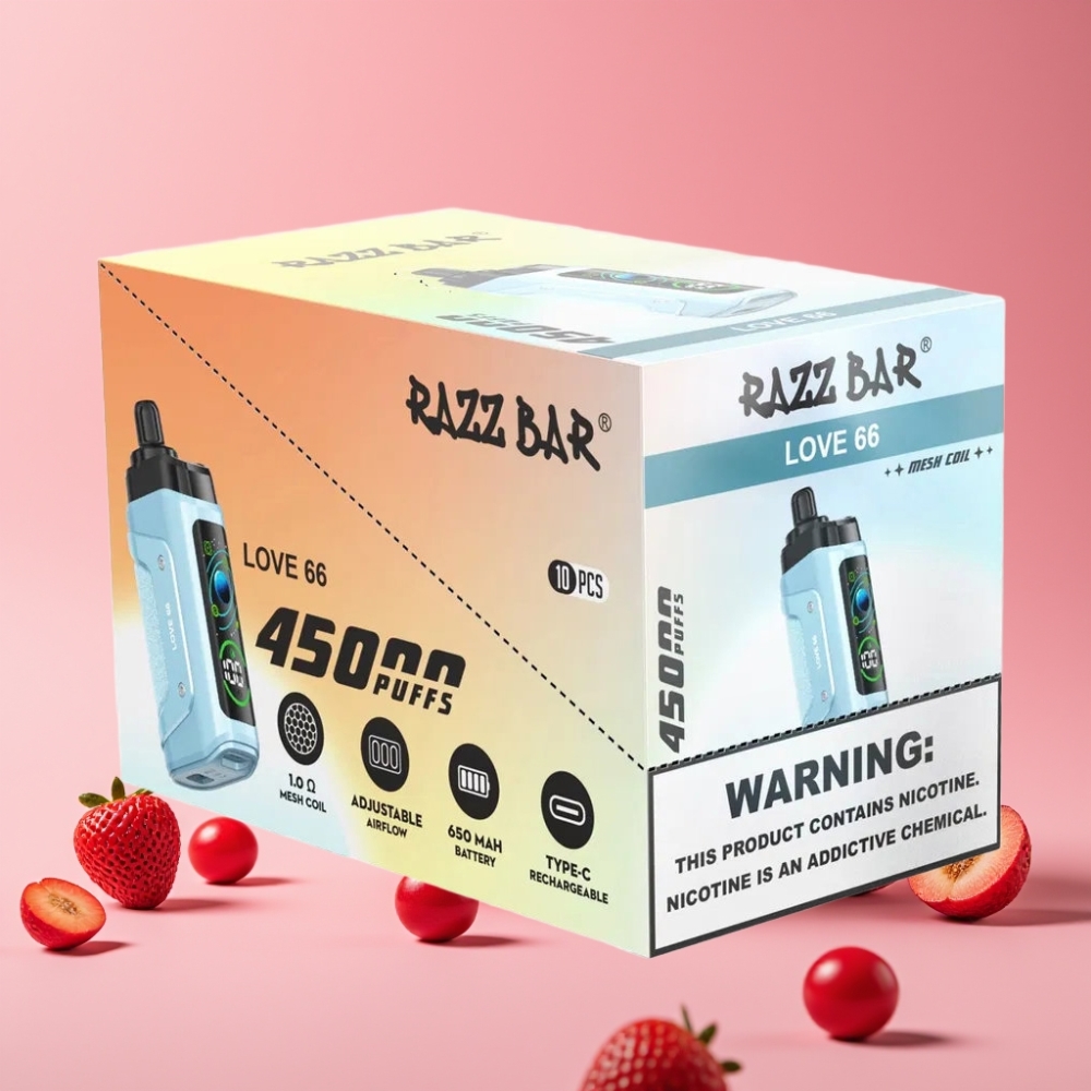 Razz Bar 45000 Puffs Ljubezen 66 1.0 Ohm Mesh Coil, Nastavljiv Pretok Zraka, 650 Mah