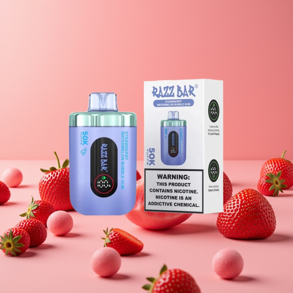 Razz Bar 50K Puffs Disposable Vape Jagoda Lubenica Mehurčki Gumi, 50000 Puffov, 2% Nikotina