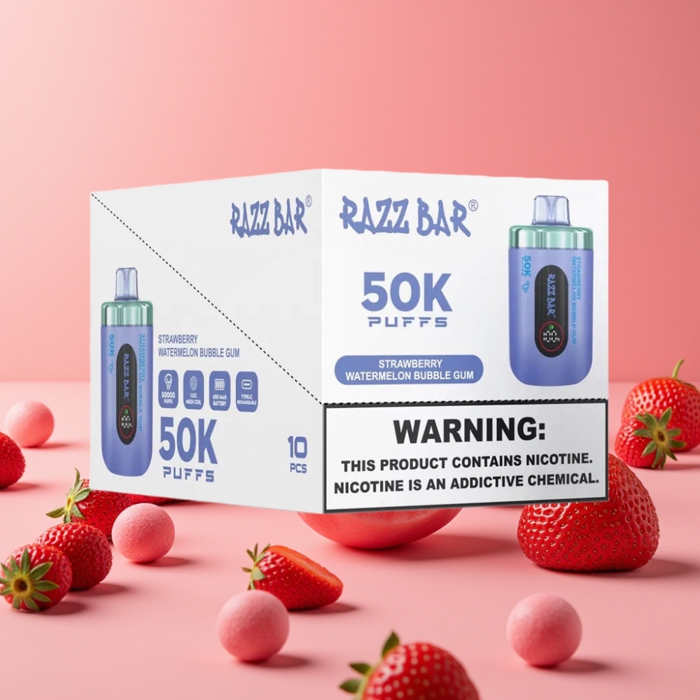 Razz Bar 50K Puffs Disposable Vape Jagoda Lubenica Mehurčki Gumi, 50000 Puffov, 2% Nikotina