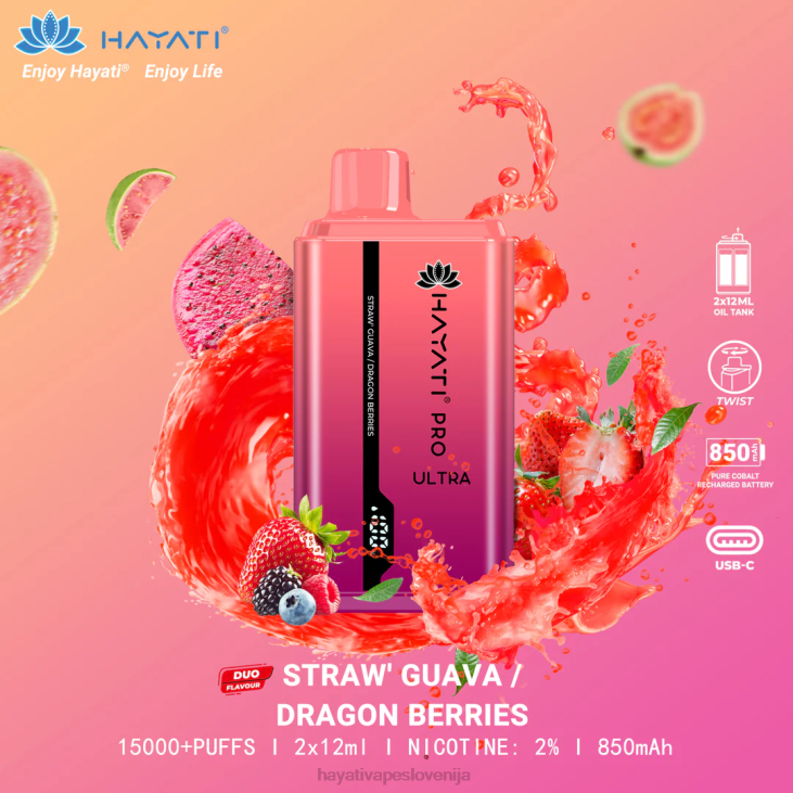 Hayati vape flavours - Hayati Pro Ultra za enkratno uporabo 15000 vpihov jagodna guava/zmajeve jagode NNNF224