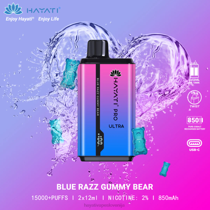 Hayati vape flavours - Hayati Pro Ultra za enkratno uporabo 15000 vpihov modri razz gumijasti medvedek NNNF194
